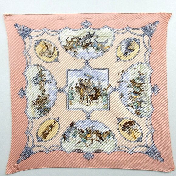 Authentic HERMES Pleated Carre90 LES CHEVAUX DES MOGHOLS scarf silk [Used] - Picture 2 of 10